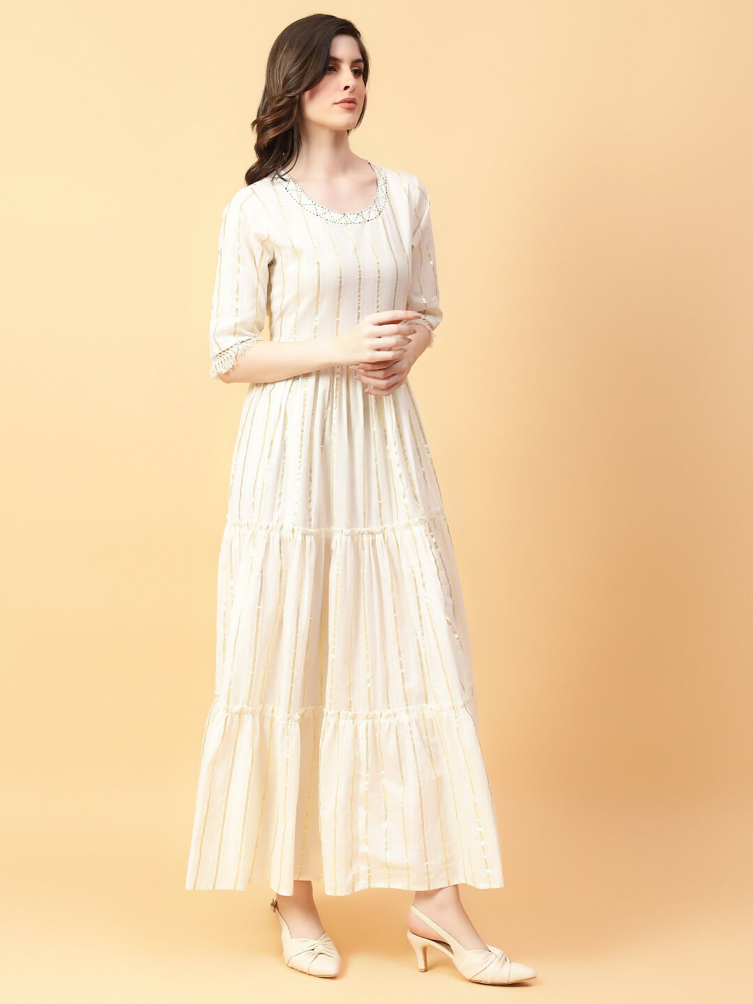Joban Fashion Cream Cotton Lurx & Hand Work Dress | Grocsy