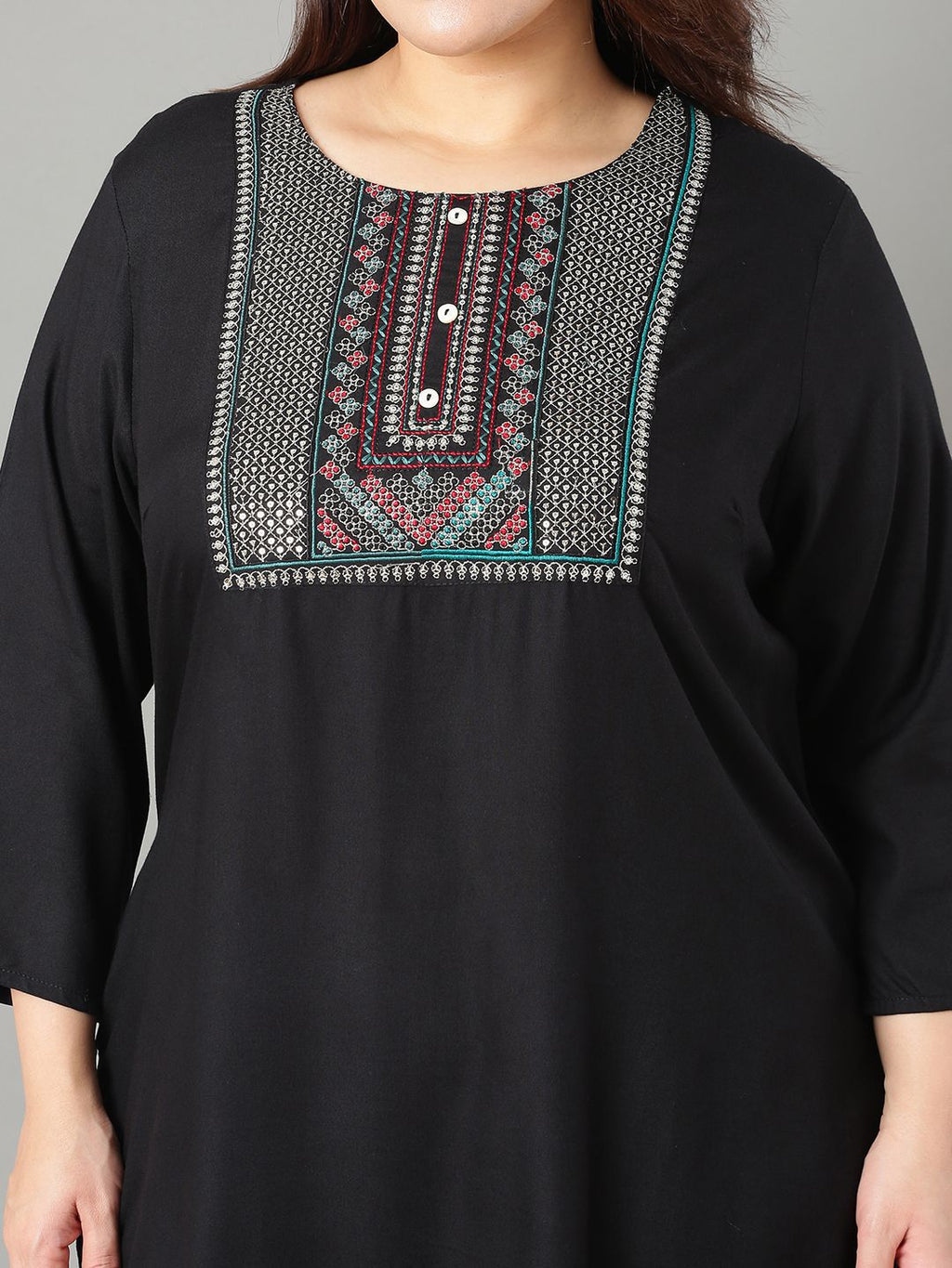 Sztori Plus Size Floral Yoke Design Sequinned Straight Kurta | Grocsy