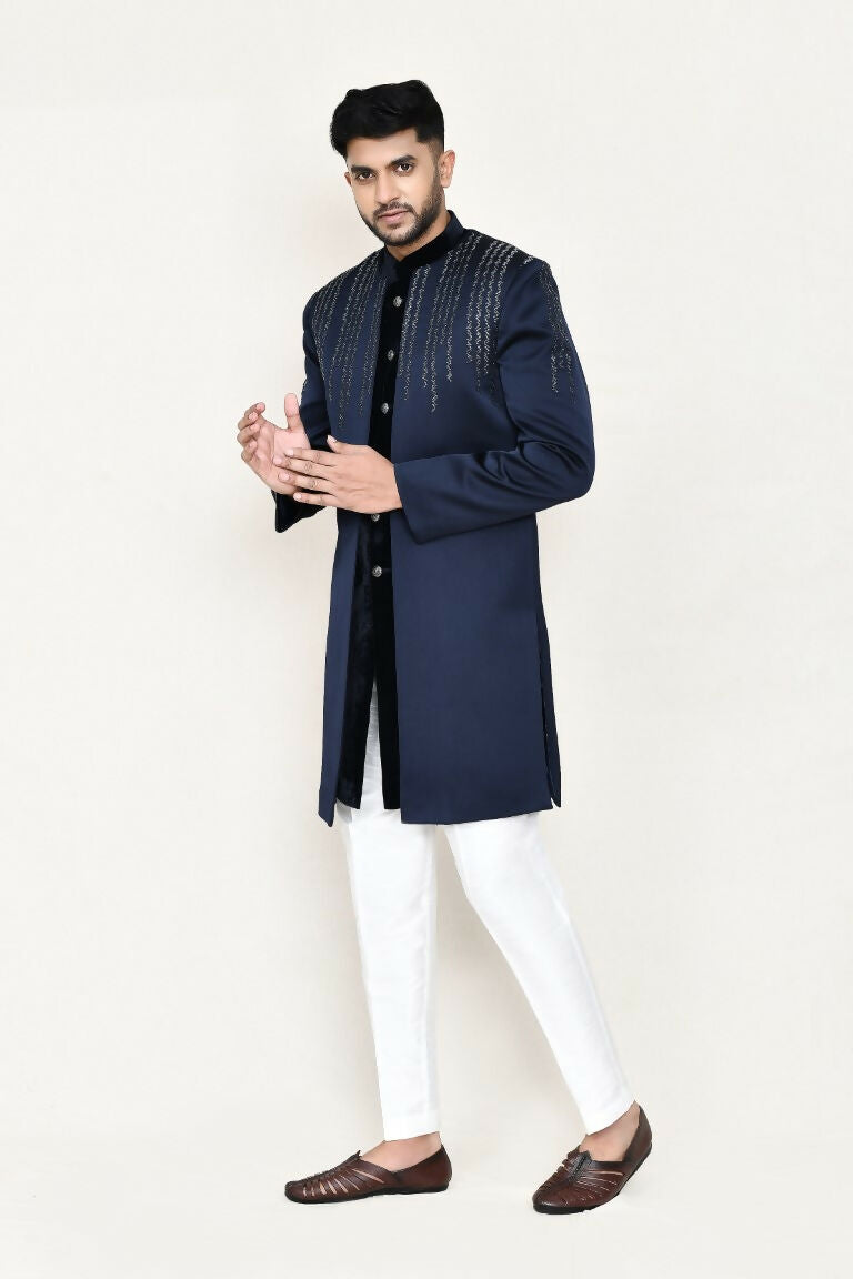 Joban Fashion Blue Colored Velvet Fabric Open Jacket, Indo Western With Straight Fit Pant | Grocsy