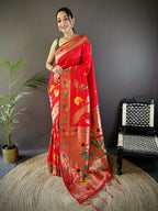 Joban Fashion Red Zari Woven Floral Motifs Soft Silk Paithani Silk Saree | Grocsy