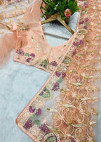 Vastranavya Soft Crush Georgette With Embroidery and Foil Multi Thread Work Saree - Peach | Grocsy