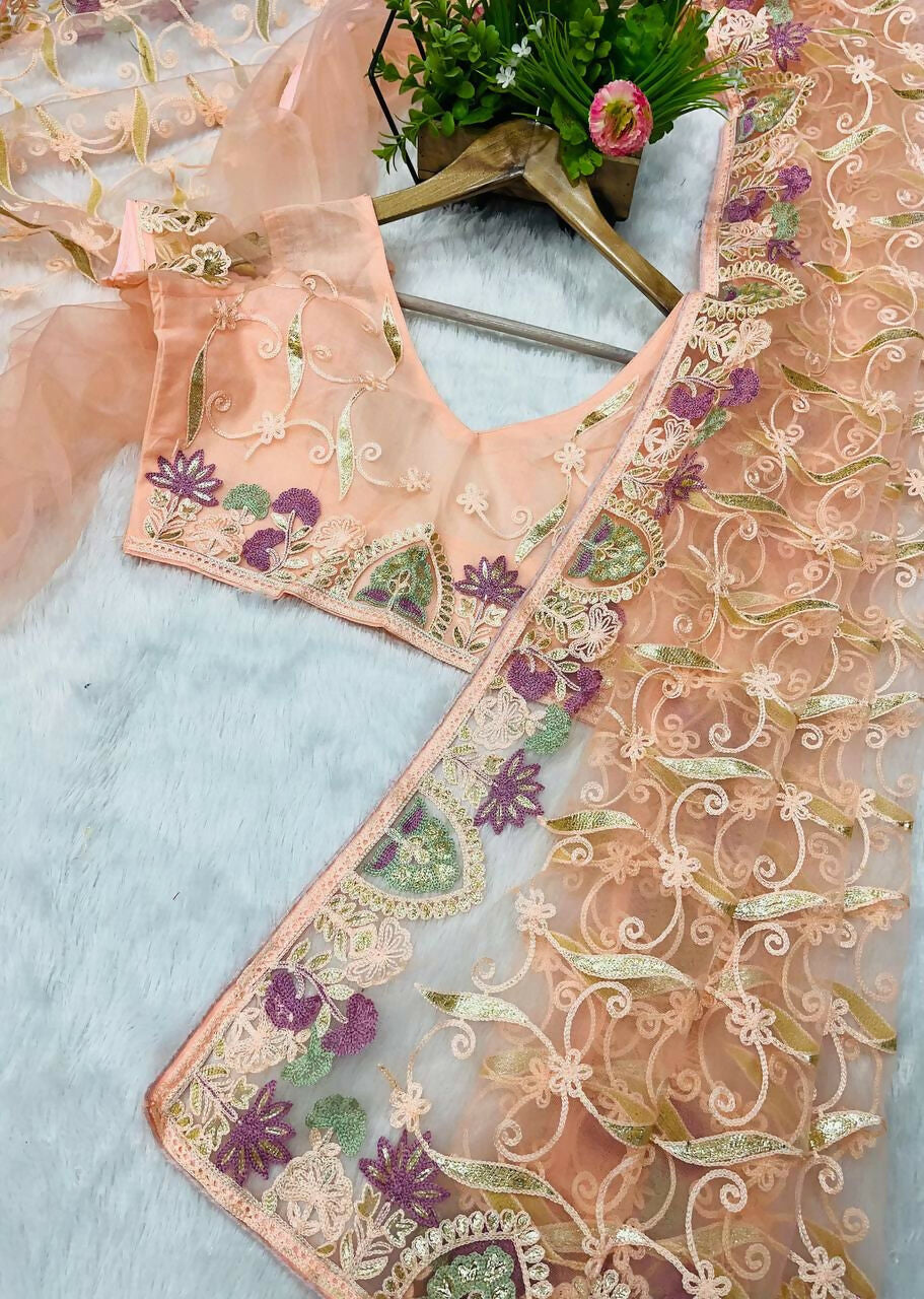 Vastranavya Soft Crush Georgette With Embroidery and Foil Multi Thread Work Saree - Peach | Grocsy