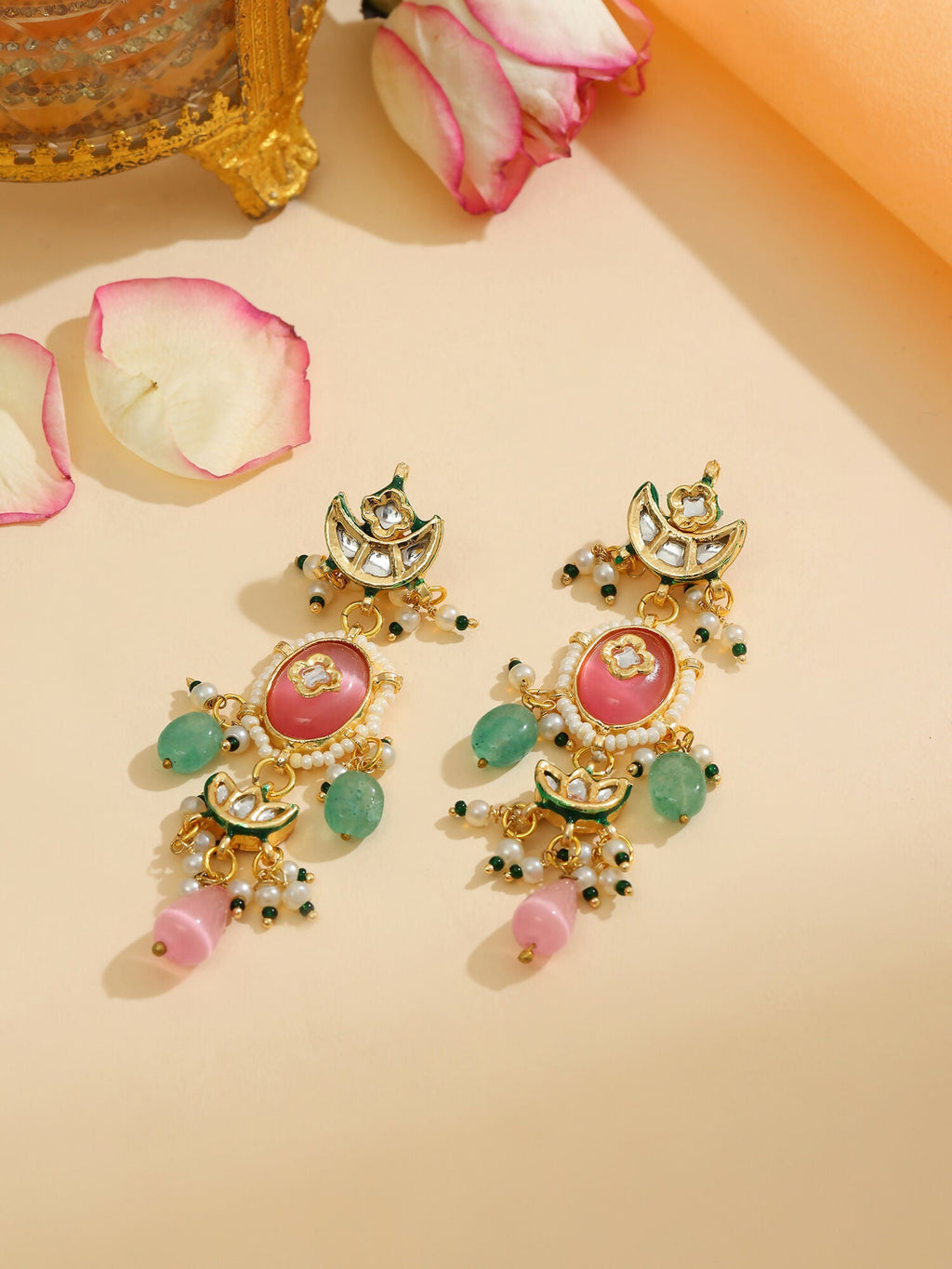 Ruby Raang 22k Gold Polished Blush Pink Kundan Earrings | Grocsy