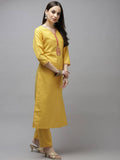 Yufta Women Mustard Yellow Layered Thread Work Kurta with Trouser and Dupatta | Grocsy