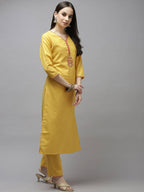 Yufta Women Mustard Yellow Layered Thread Work Kurta with Trouser and Dupatta | Grocsy