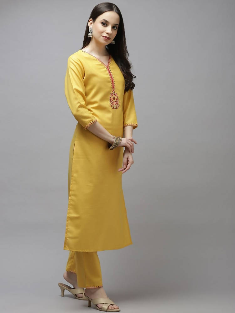 Yufta Women Mustard Yellow Layered Thread Work Kurta with Trouser and Dupatta | Grocsy