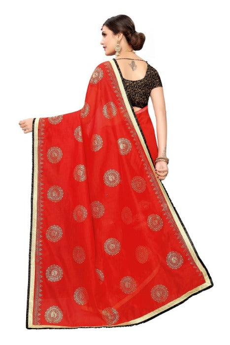Vamika Chanderi Cotton Foil Print Red Saree (GOLDEN BIRD Red) | Grocsy