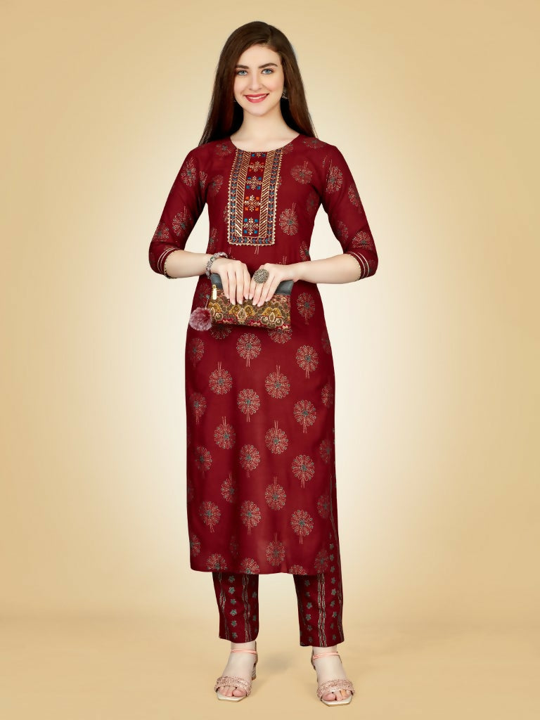 Jyoti Fashion Women's Maroon Viscose Rayon Embroidered Kurta Pant Set | Grocsy