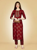 Jyoti Fashion Women's Maroon Viscose Rayon Embroidered Kurta Pant Set | Grocsy