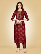 Jyoti Fashion Women's Maroon Viscose Rayon Embroidered Kurta Pant Set | Grocsy