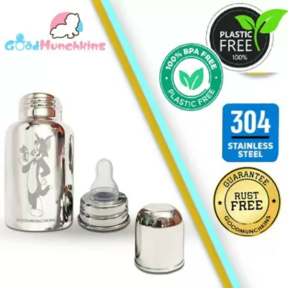 Goodmunchkins Stainless Steel Feeding Rustfree Bottle with 2 Anti Colic Silicone Nipple For Kids 150ml | Grocsy
