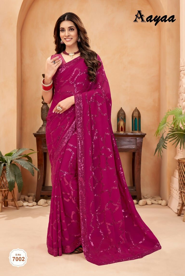 Aayaa Heavy Georgette Double Run Sequance Work Saree With Fitting Sequance Lace Border - Pink | Grocsy