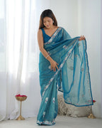 Teal Blue Gold Twill Net Multy Thread, Sequance Embroidery Work Saree - Kriti | Grocsy