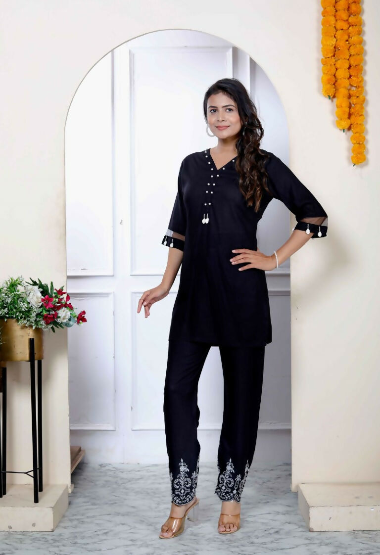 Miravan Women's Solid Black Rayon Co-Ord Set | Grocsy