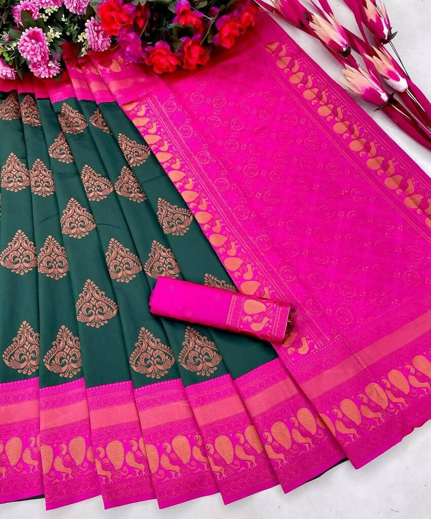 DEIANA'S Beautiful Designer Golden zari Soft Lichi Silk Saree - Green | Grocsy