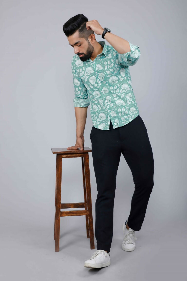 Miravan Men's Cotton Green Floral Printed Slim Fit Shirt | Grocsy