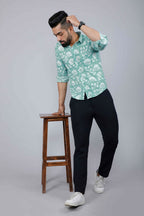 Miravan Men's Cotton Green Floral Printed Slim Fit Shirt | Grocsy