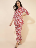 Janasya Women's Red Cotton Cambric Floral Printed Casual Straight Top Set | Grocsy