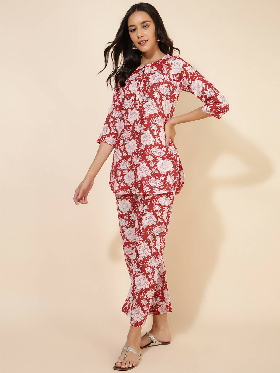 Janasya Women's Red Cotton Cambric Floral Printed Casual Straight Top Set | Grocsy