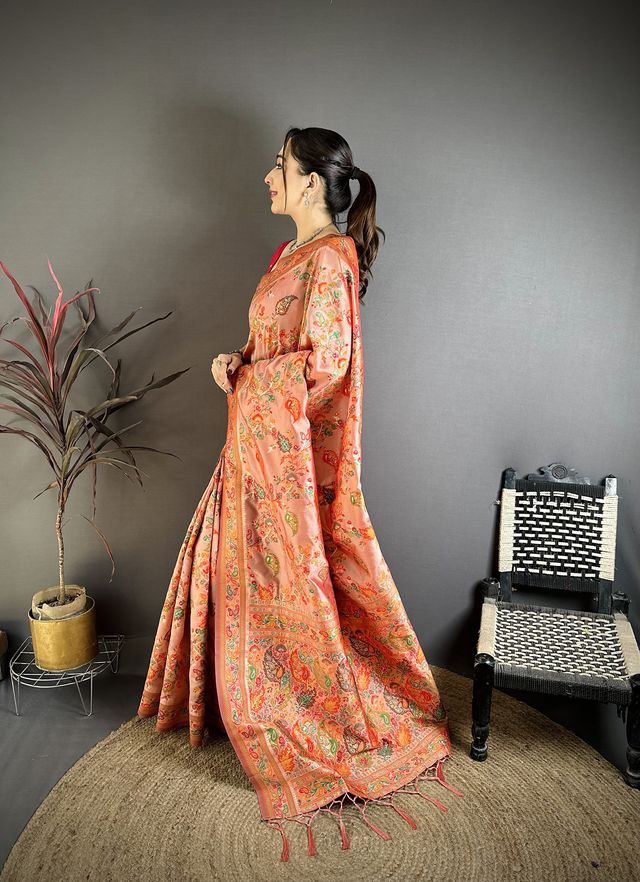 Elora Coral Pashmina Silk Floral Paisley Patterns Madhubani Design Kashmiri Saree | Grocsy