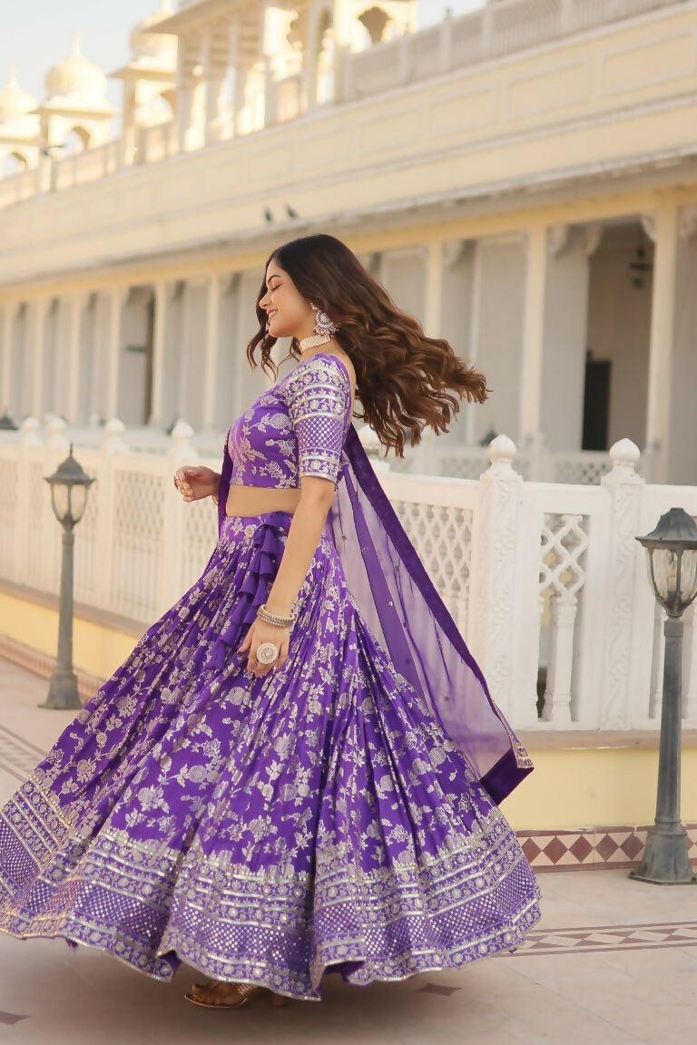 Vastranavya Designer Dyeable Pure Viscose Jacquard Fabric Lehenga Choli & Dupatta Set - Purple | Grocsy