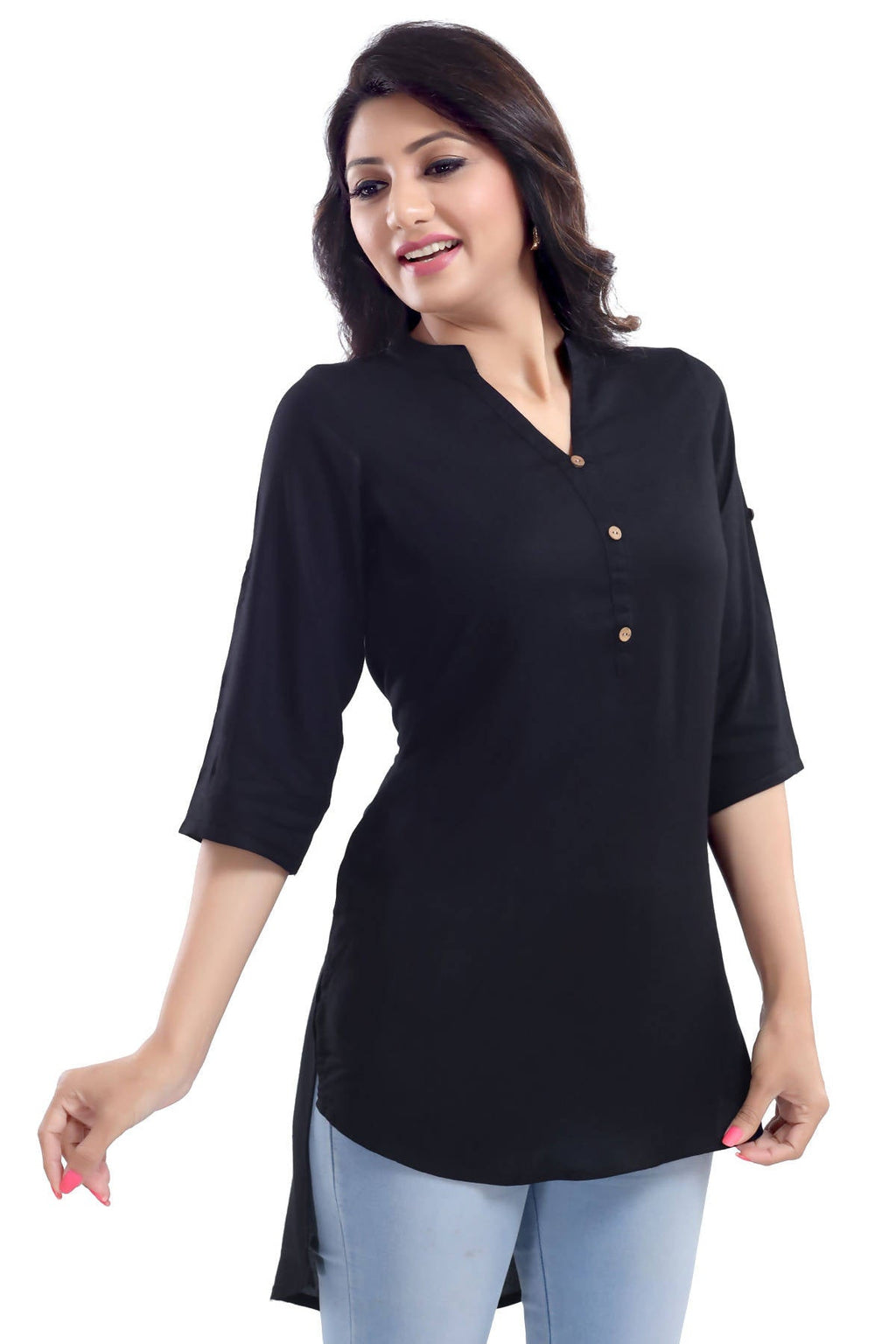 Snehal Creations Beauteous Black Button Down Styled Rayon Kurti For Women | Grocsy