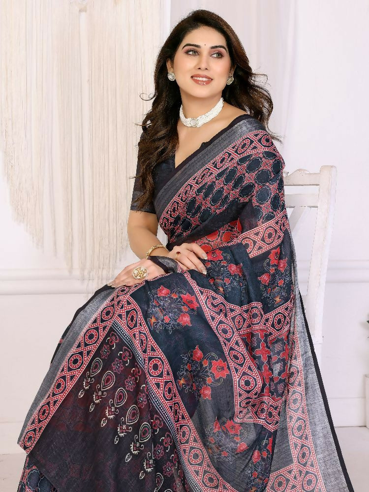 PR Fashion Wine Handloom Linen Cotton Zari Saree | Grocsy