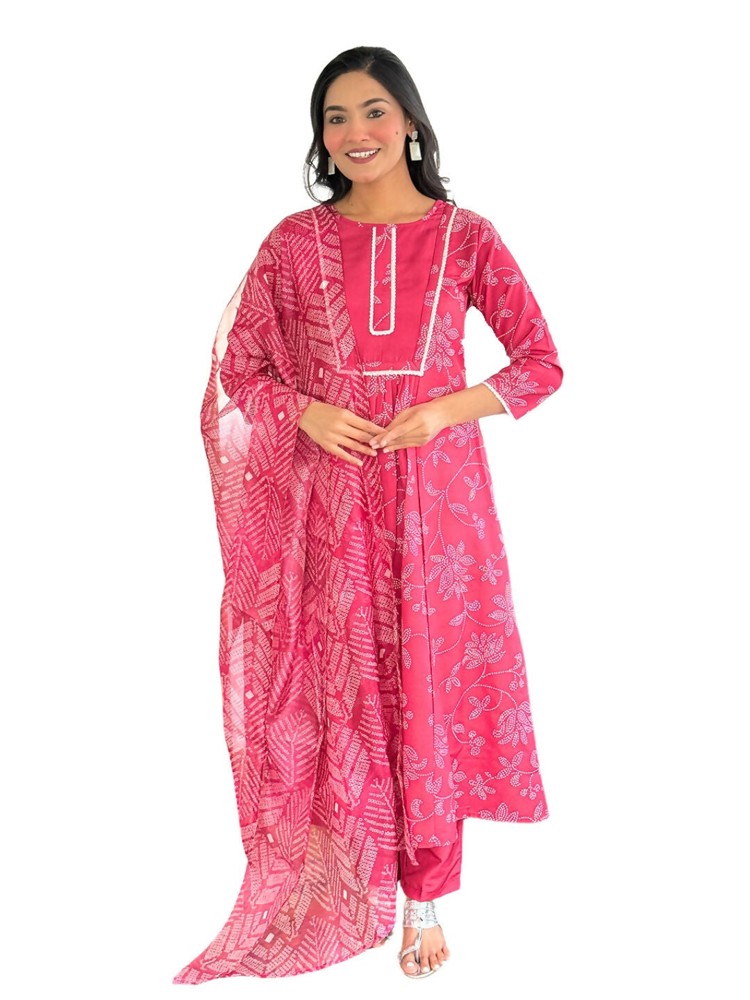 The52 Women's Beautiful Rayon Fabric Printed Work Flared Kurta Pant and Dupatta Set | Grocsy