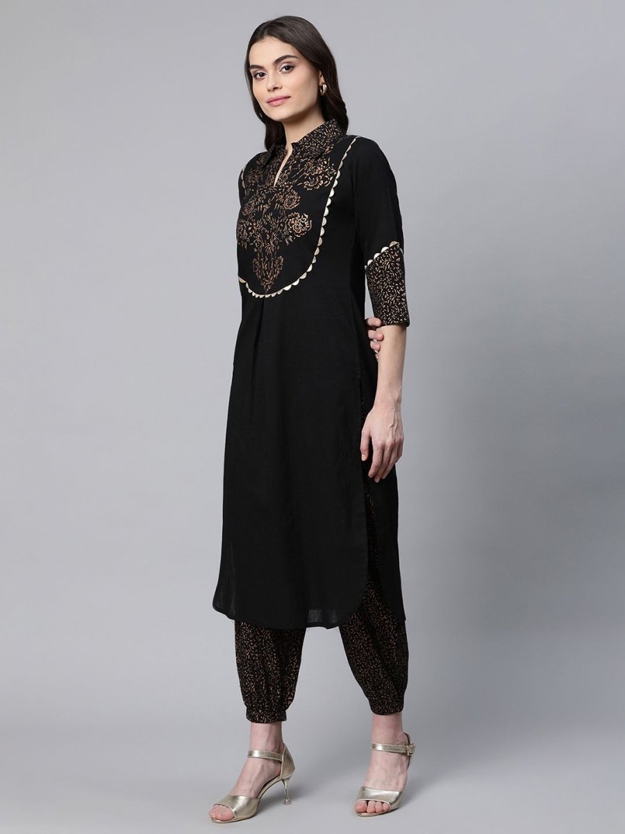 Ahalyaa Women Black Colour Pure Cotton Printed Kurta Pant Set | Grocsy