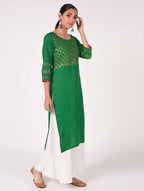 Cheera Hand Block Print Bottle Green Straight Kurta (MAAI-067K) | Grocsy