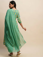 Sea Green Pure Cotton Bandhani Printed Naira Cut Kurta And Bottom With Dupatta - Akashara | Grocsy