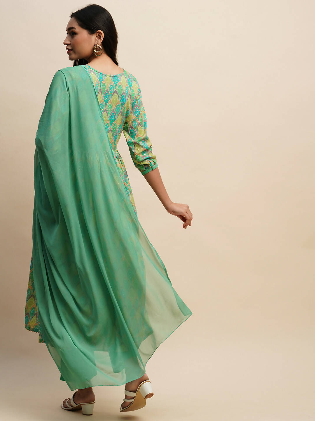 Sea Green Pure Cotton Bandhani Printed Naira Cut Kurta And Bottom With Dupatta - Akashara | Grocsy