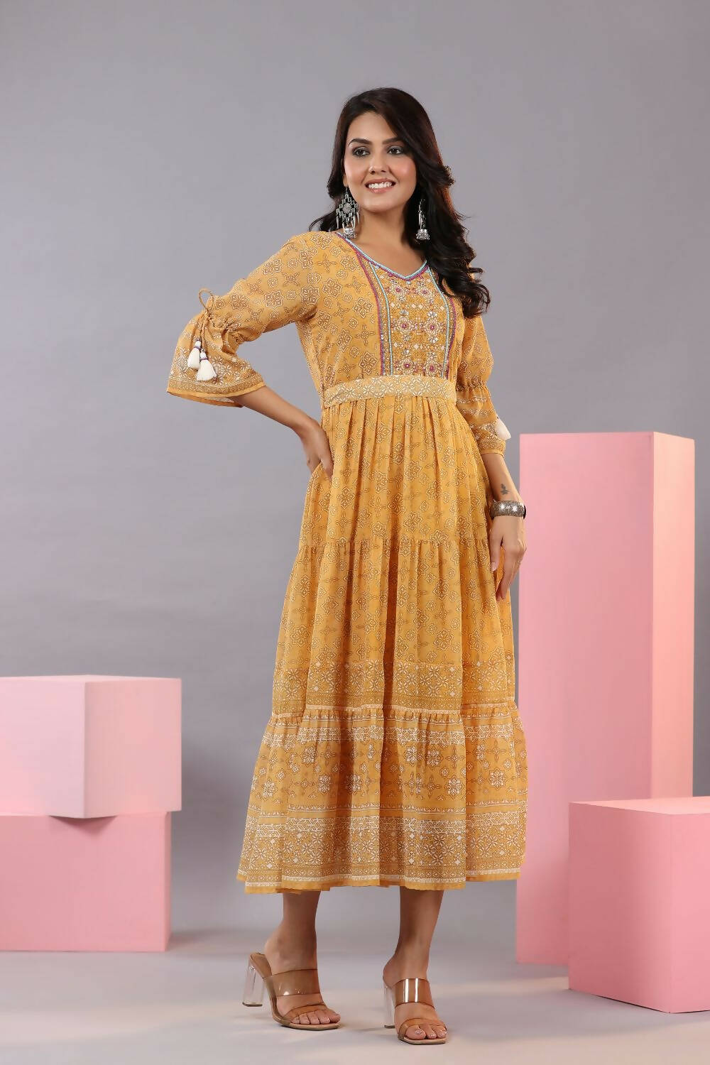 Juniper Women Yellow Georgette Geometric Printed Tiered Maxi Dress | Grocsy