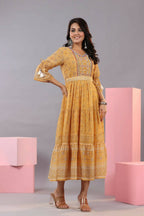 Juniper Women Yellow Georgette Geometric Printed Tiered Maxi Dress | Grocsy