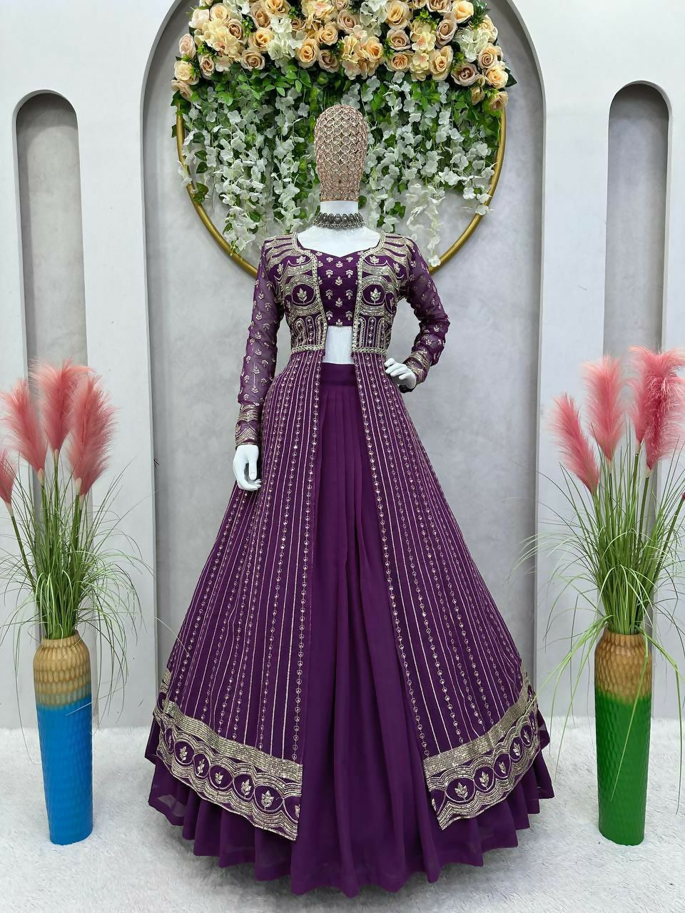 Jyoti Fashion Women's Wine Faux Georgette Sequins with Thread Embroidered Designer Lehenga Choli with Shrug Set | Grocsy