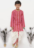 Little Bansi Boys Cotton Striped Kurta with Pearl Buttons & Dhoti -Pink & Cream | Grocsy