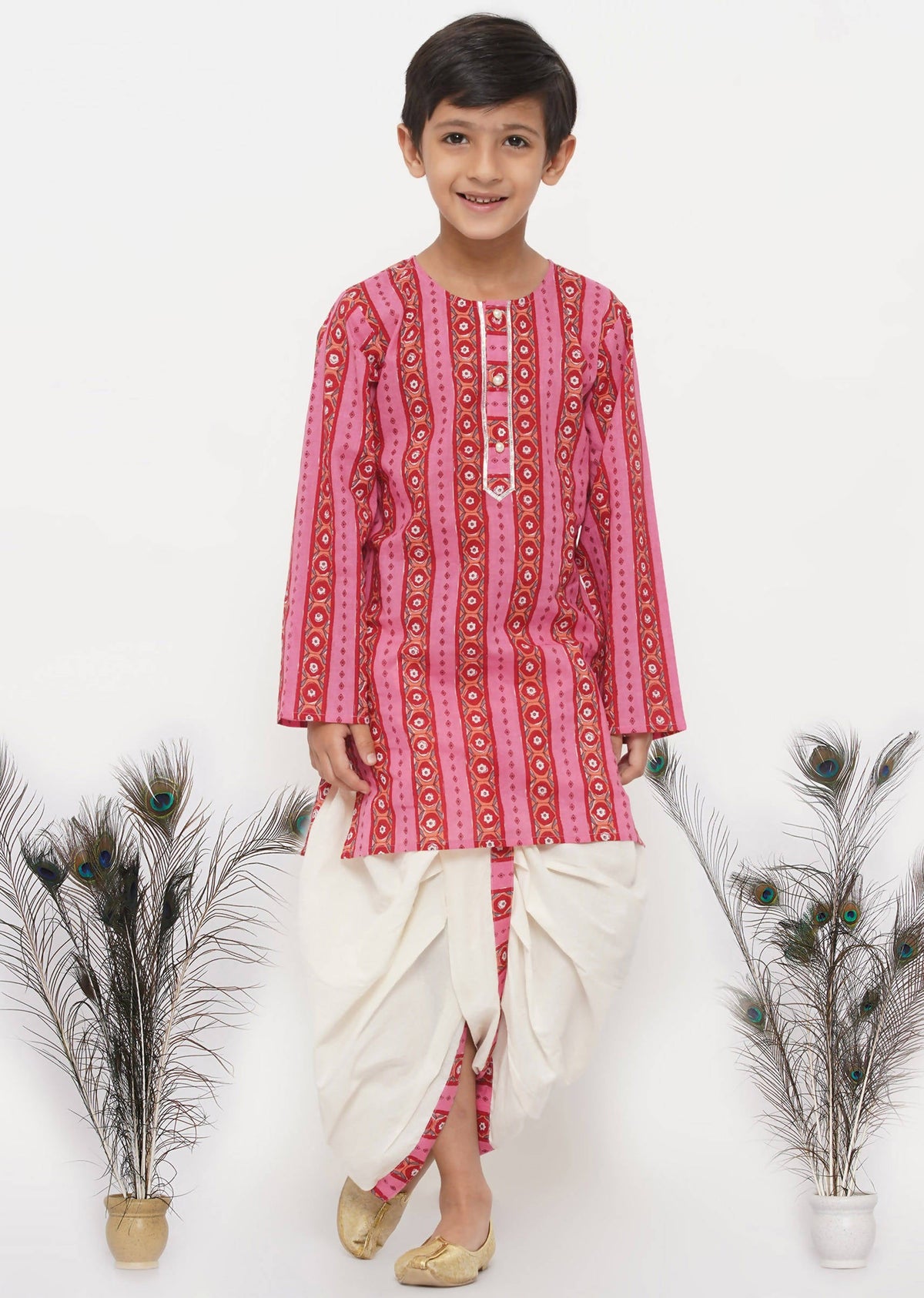 Little Bansi Boys Cotton Striped Kurta with Pearl Buttons & Dhoti -Pink & Cream | Grocsy