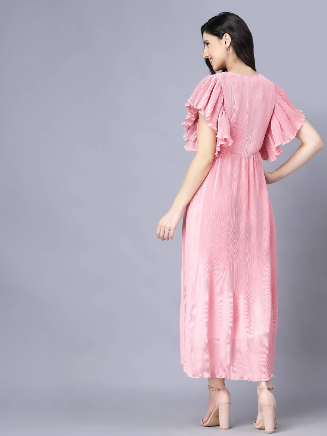 Myshka Chiffon Solid Short Sleeve Round Pink Women Dress | Grocsy