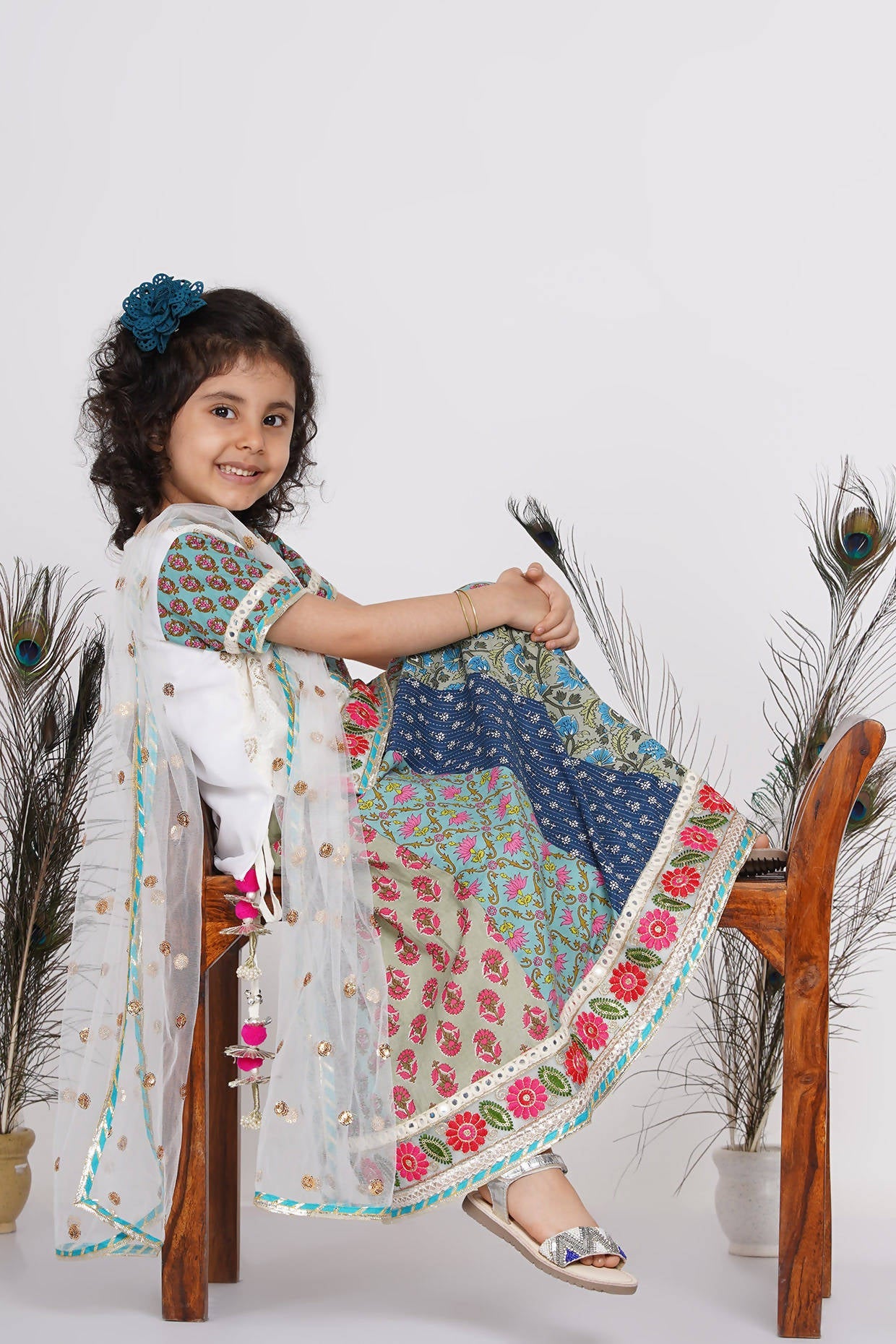 Little Bansi Girls Cotton Embroidery Kurta With Lehenga & Tussel - White & Multicolor | Grocsy