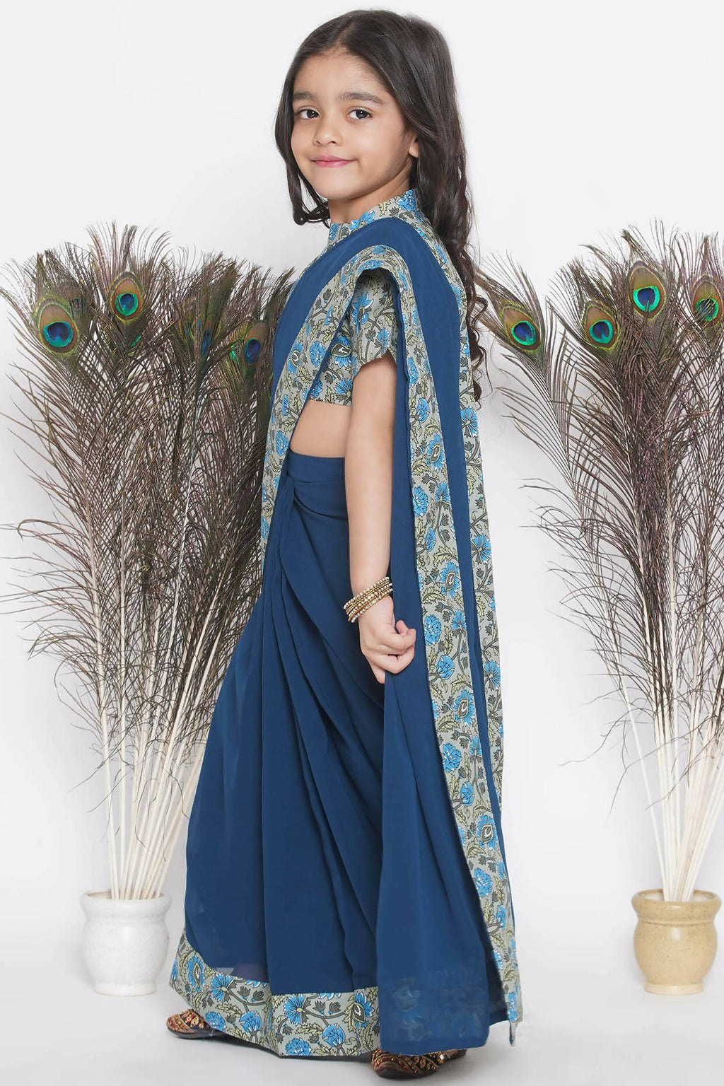 Little Bansi Floral Print Ready To Wear Saree And Floral Blouse - Blue | Grocsy