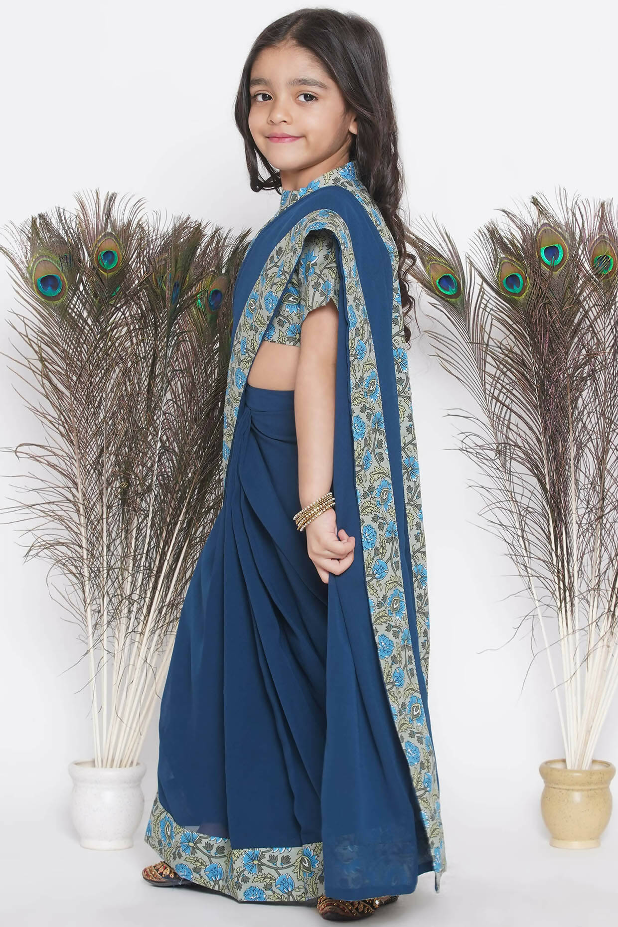 Little Bansi Floral Print Ready To Wear Saree And Floral Blouse - Blue | Grocsy