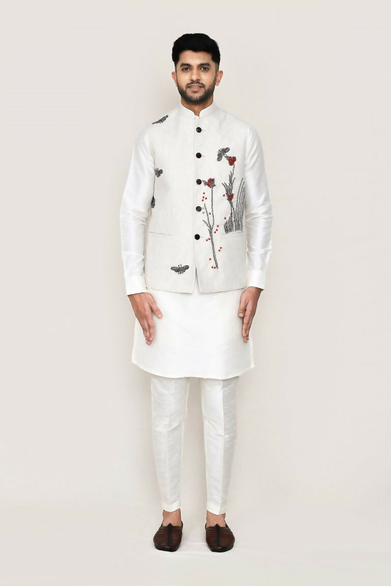 Joban Fashion White Colored Art Silk Fabric Kurta, Jacket With Straight Fit Pant | Grocsy