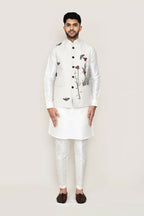 Joban Fashion White Colored Art Silk Fabric Kurta, Jacket With Straight Fit Pant | Grocsy