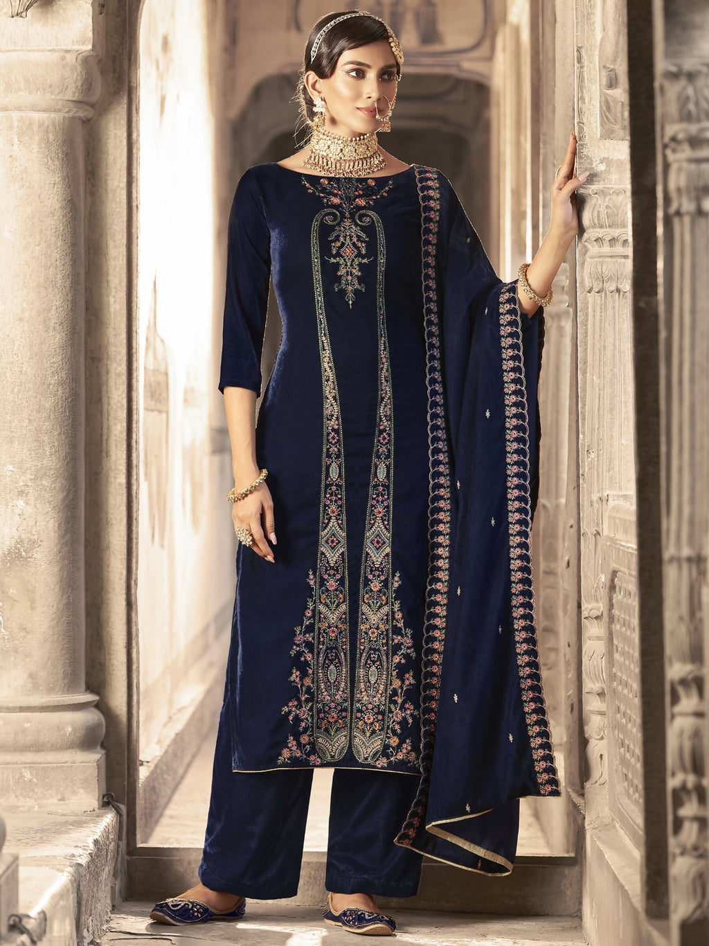 Jyoti Fashion Women's Navy Blue Velvet Floral Resham Thread with Jari work Kurta with Trouser & Dupatta | Grocsy