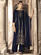 Jyoti Fashion Women's Navy Blue Velvet Floral Resham Thread with Jari work Kurta with Trouser & Dupatta | Grocsy