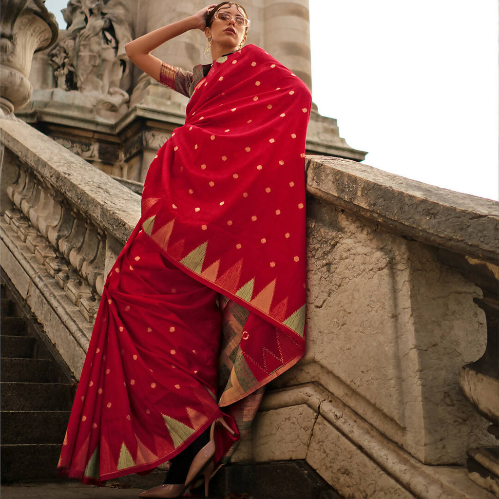 Chilli Red Handloom Khaddi Silk Saree With Contrast Pallu & Blouse - Rajtex Khwaab Silk | Grocsy