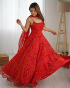 The52 Women's Beautiful Printed Chiffon Bandhej Fabric Flared Anarkali Pant and Dupatta Set | Grocsy
