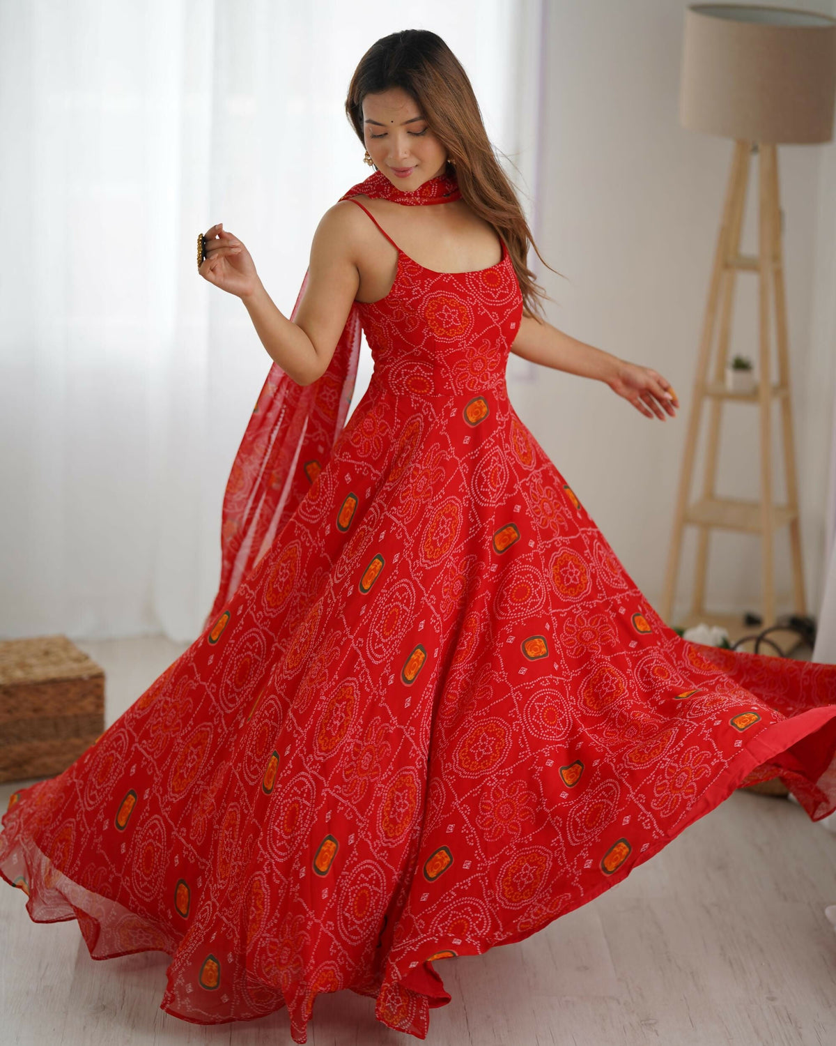 The52 Women's Beautiful Printed Chiffon Bandhej Fabric Flared Anarkali Pant and Dupatta Set | Grocsy