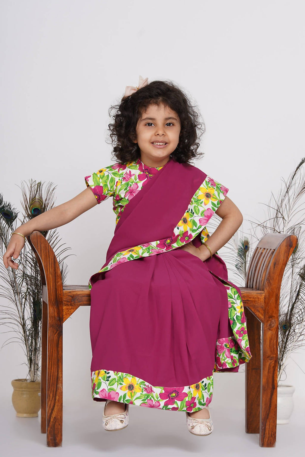Little Bansi Girls Floral Print Ready to Wear Saree and Floral Blouse - Magenta | Grocsy
