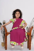 Little Bansi Girls Floral Print Ready to Wear Saree and Floral Blouse - Magenta | Grocsy